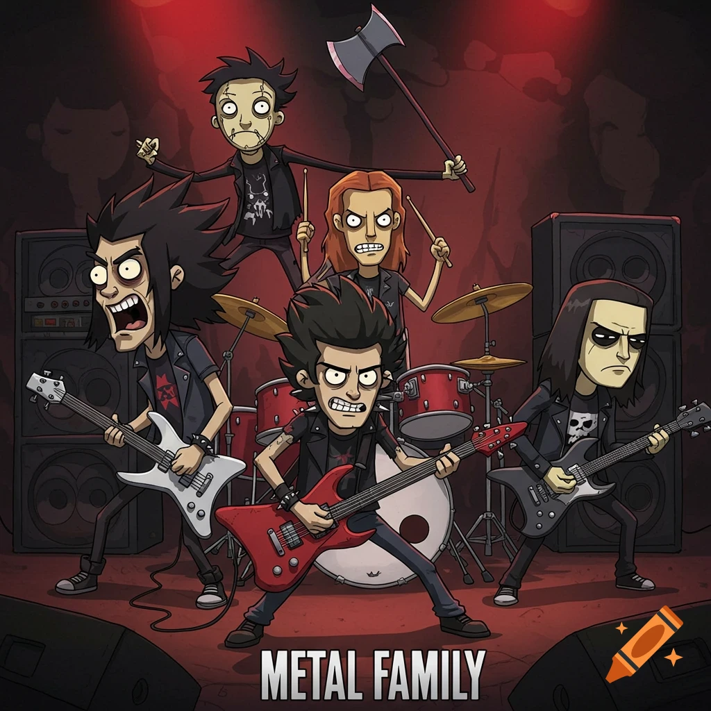 A cartoon band plays metal music on stage. The text reads "METAL FAMILY".