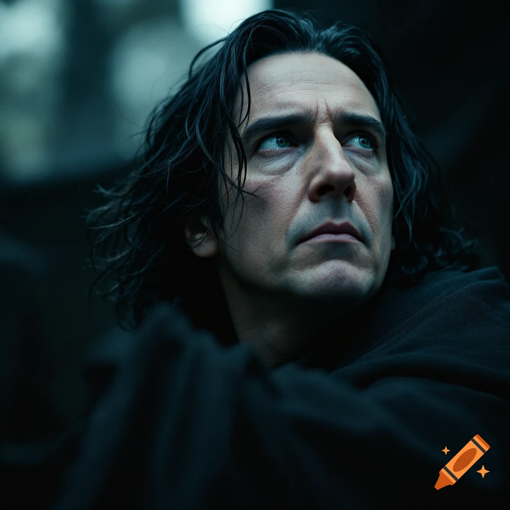 Photorealistic portrait of a man resembling Severus Snape looking up and away