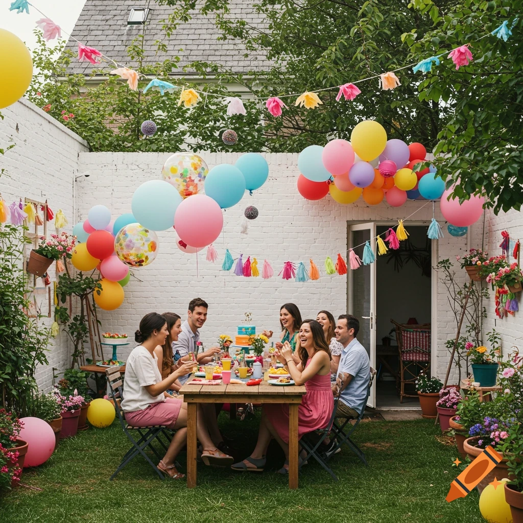 A group of people enjoy a backyard party with colorful balloons and tassels.