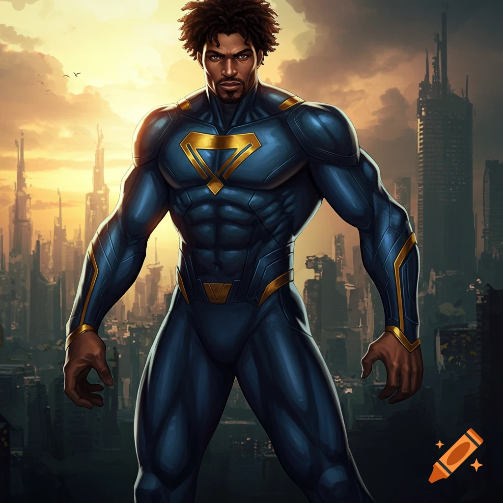 Muscular Black man in blue and gold superhero suit stands before ruined city at sunset.