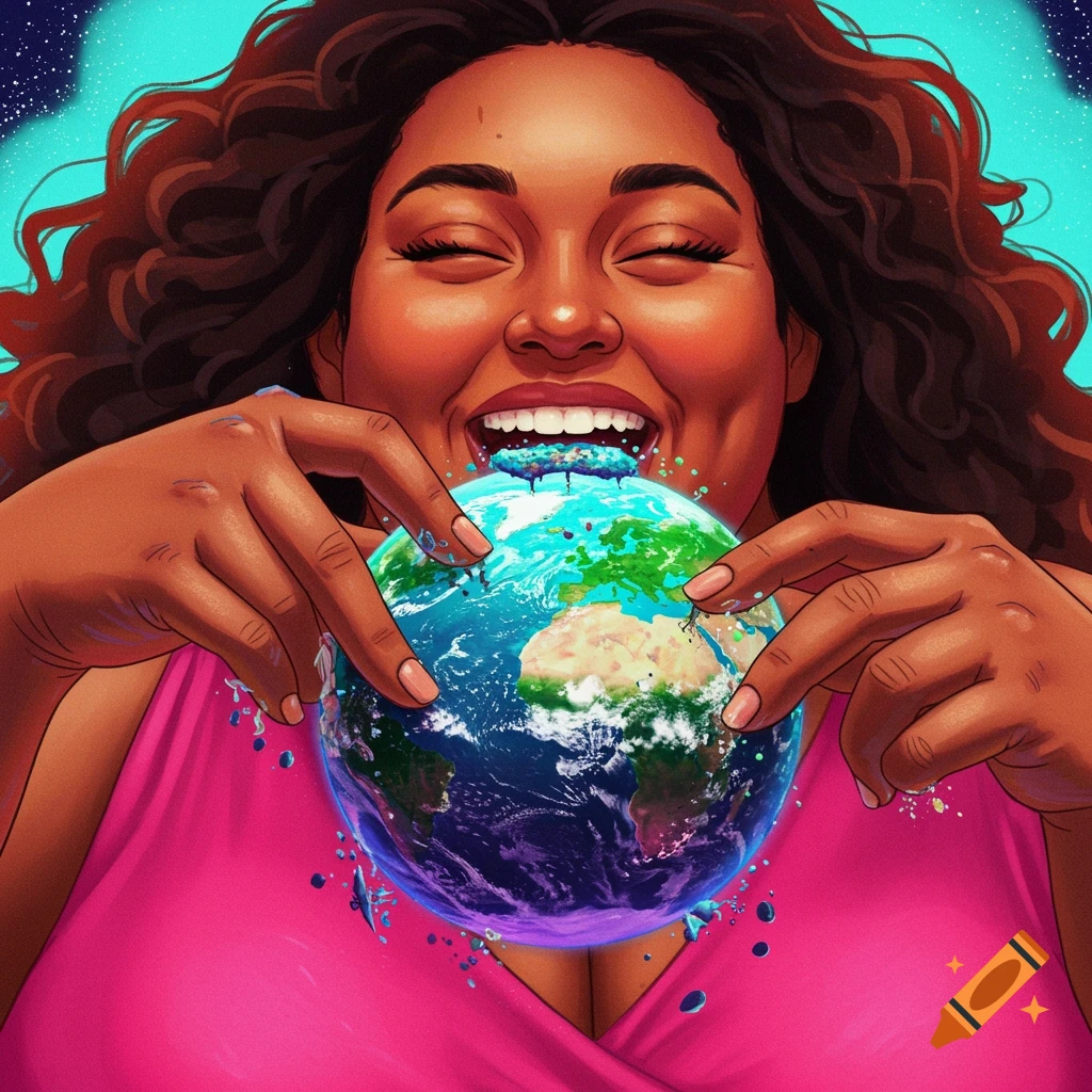 Digital illustration of a woman laughing while eating the planet Earth