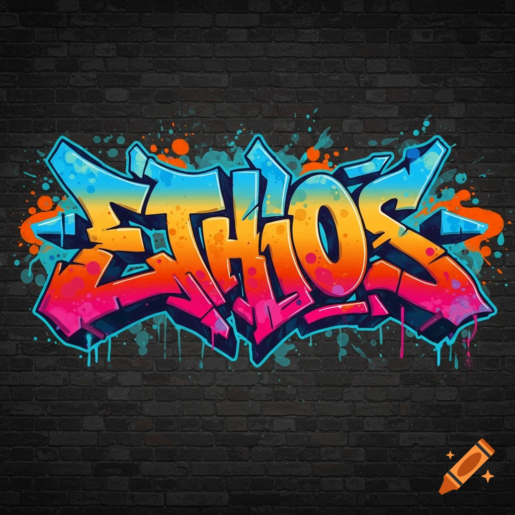 Stylized graffiti text ETHOS against a brick wall background.
