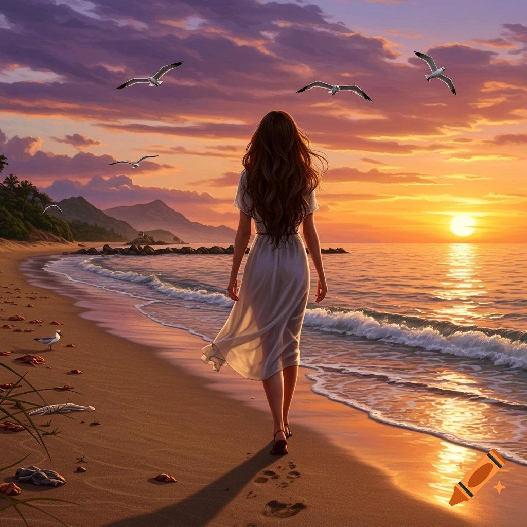 A woman in a white dress walks on a beach at sunset with seagulls flying.