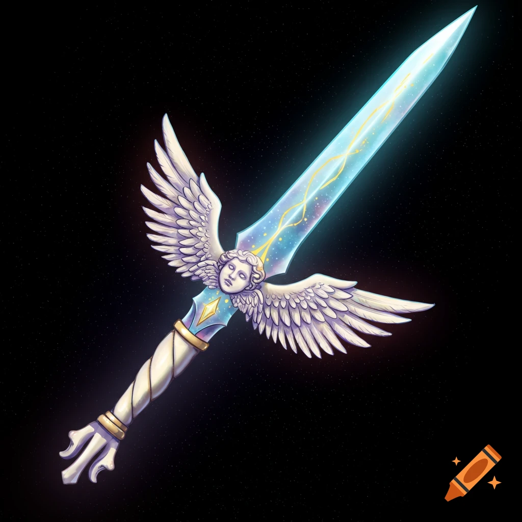 An angelic sword with wings and a face on the hilt against a starry background