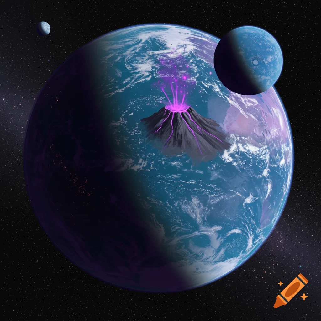 A blue and purple planet with a purple erupting volcano, orbited by a large blue moon and a small purple moon in space.