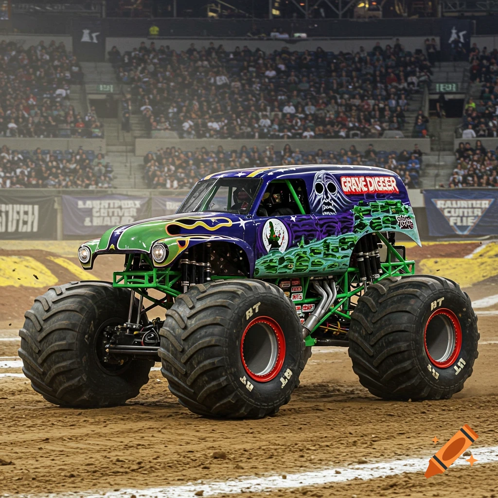 The Grave Digger monster truck sits in an arena, ready for a show. Photorealistic.