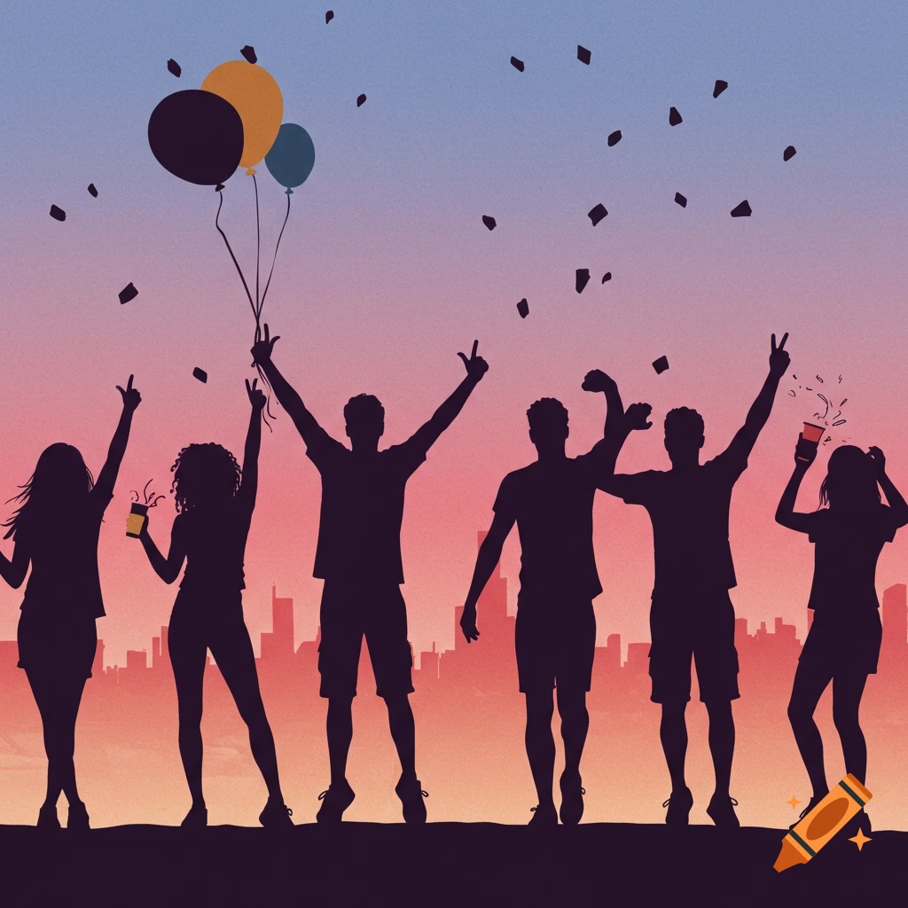 Silhouettes of people celebrating with balloons and confetti against a sunset city skyline.