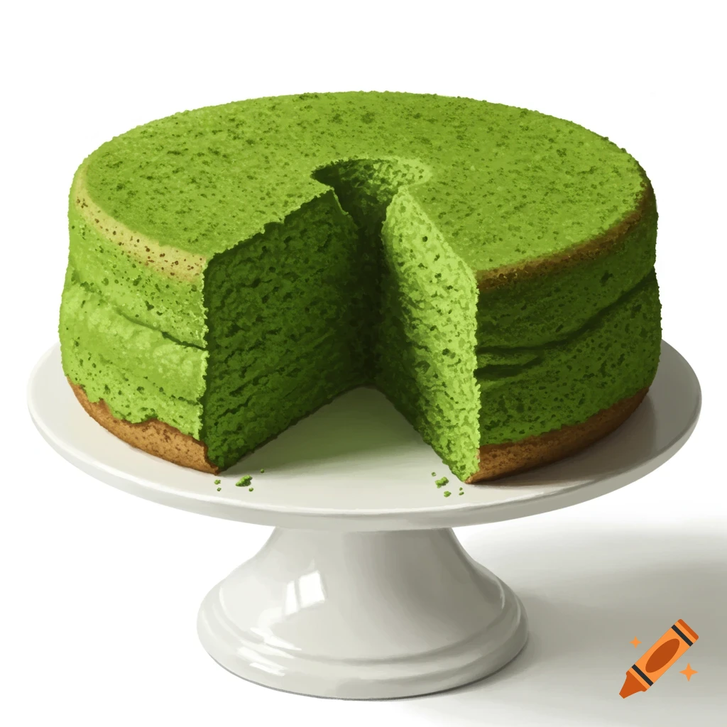 A green matcha chiffon cake on a white cake stand with one slice removed.