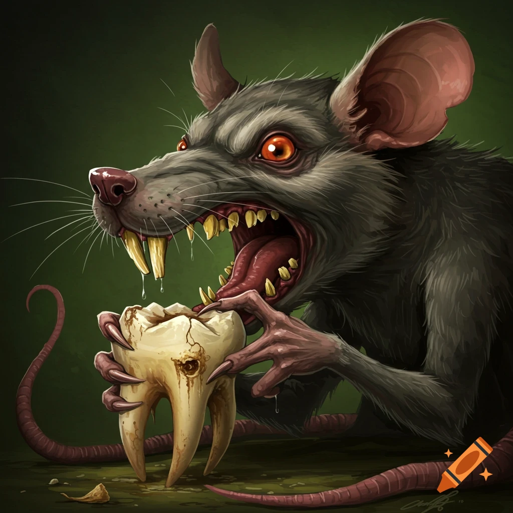 Grotesque illustration of a rat eating a large tooth.