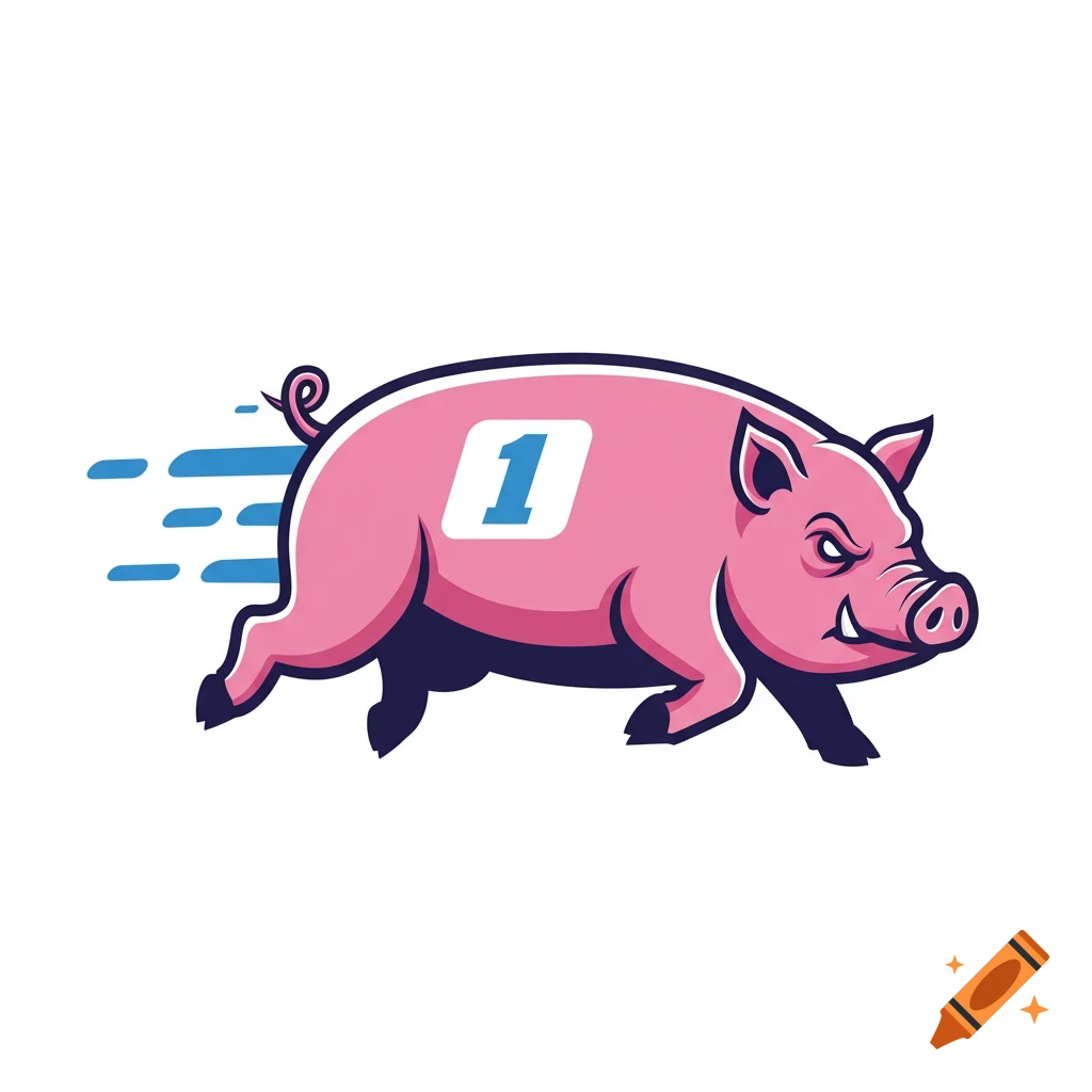 Cartoon logo of a pink pig with the number 1 on its side, running with speed lines.