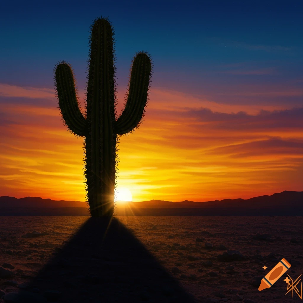 Saguaro cactus silhouetted against a vibrant desert sunset with sun rays visible.