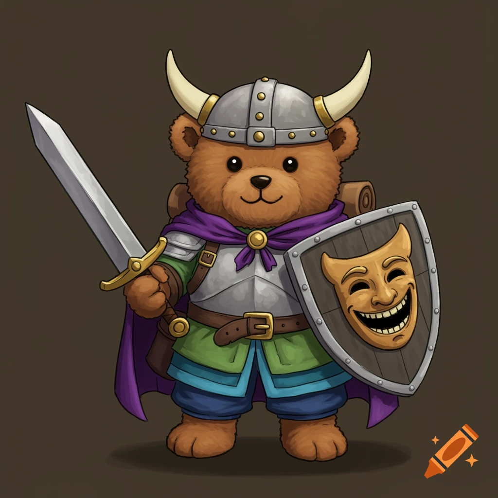 A teddy bear knight in armor with a viking helmet holds a sword and a shield with a laughing mask emblem.