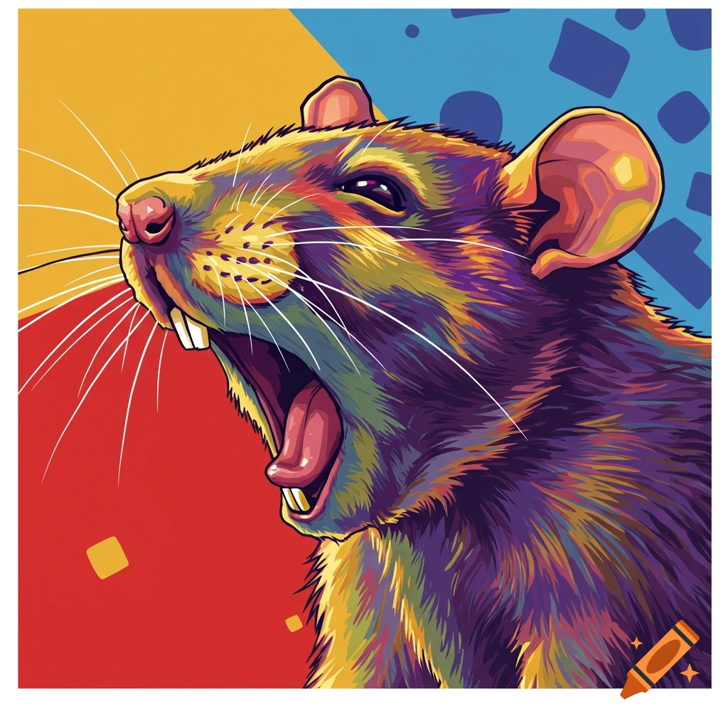 A brightly colored pop art illustration of a rat yawning against a split red and blue background.