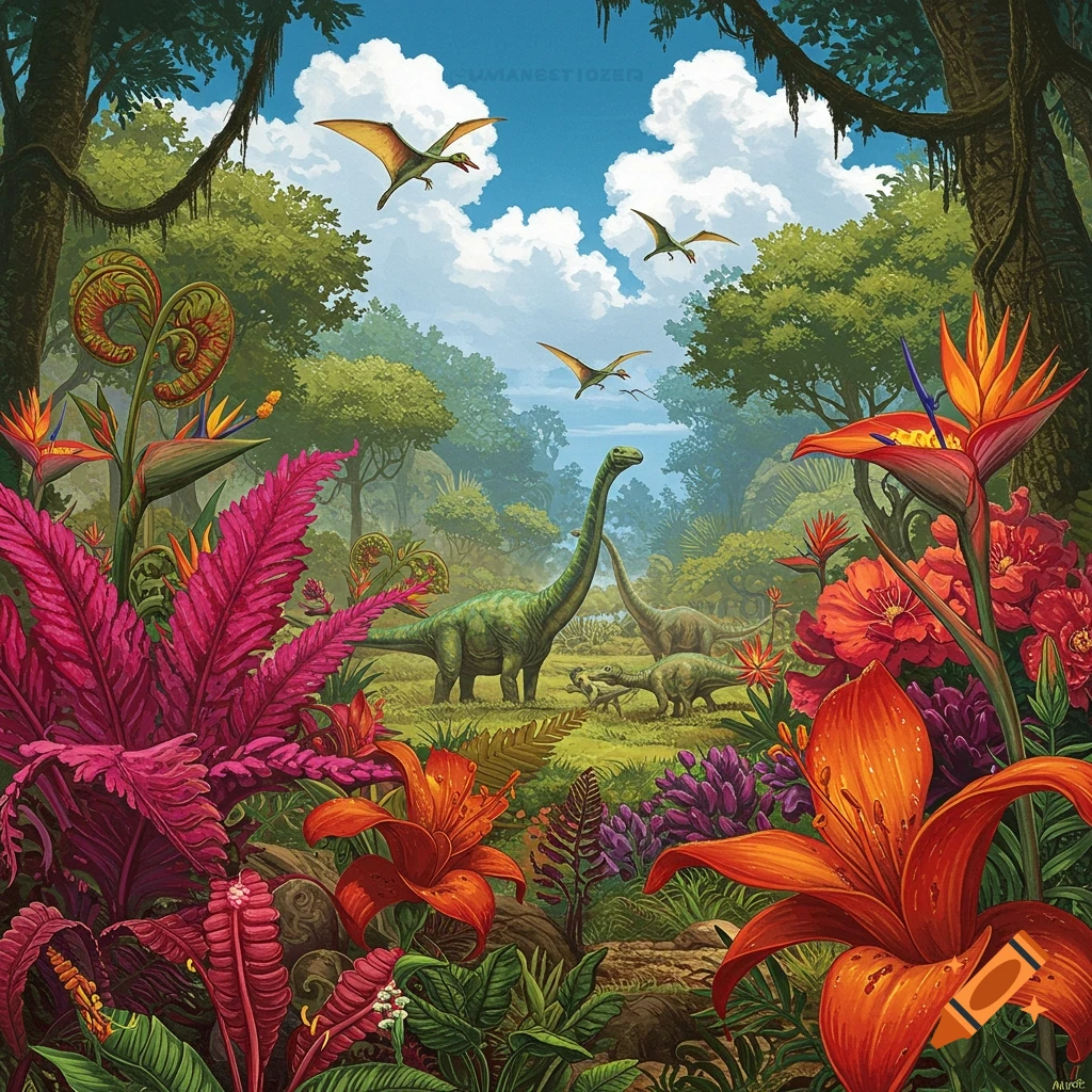 Dinosaurs in a vibrant prehistoric jungle with tropical flowers and flying pterodactyls.