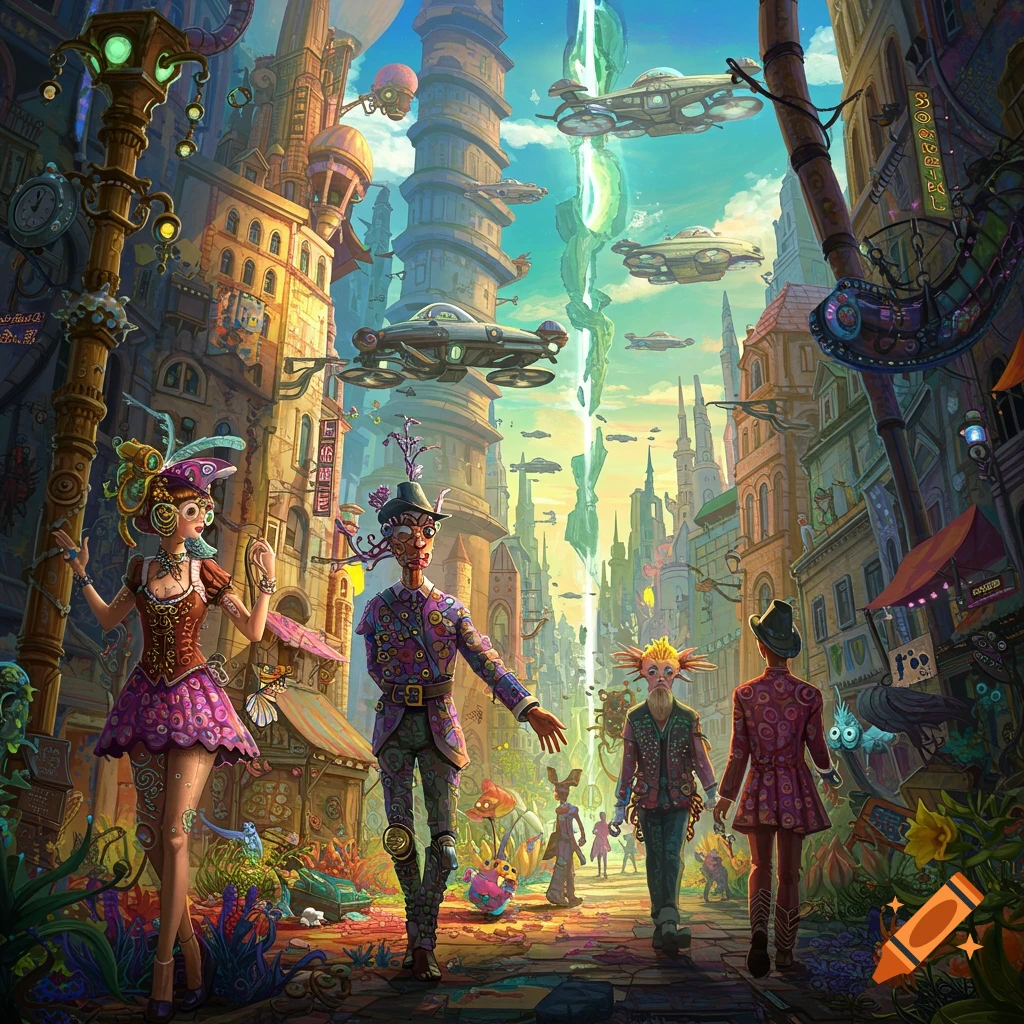 Fantastical illustration of strange characters walking through a colorful parallel universe city with flying vehicles.