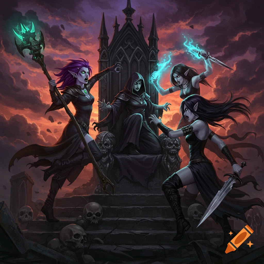 Dark fantasy illustration of witches fighting around a gothic throne surrounded by skulls.