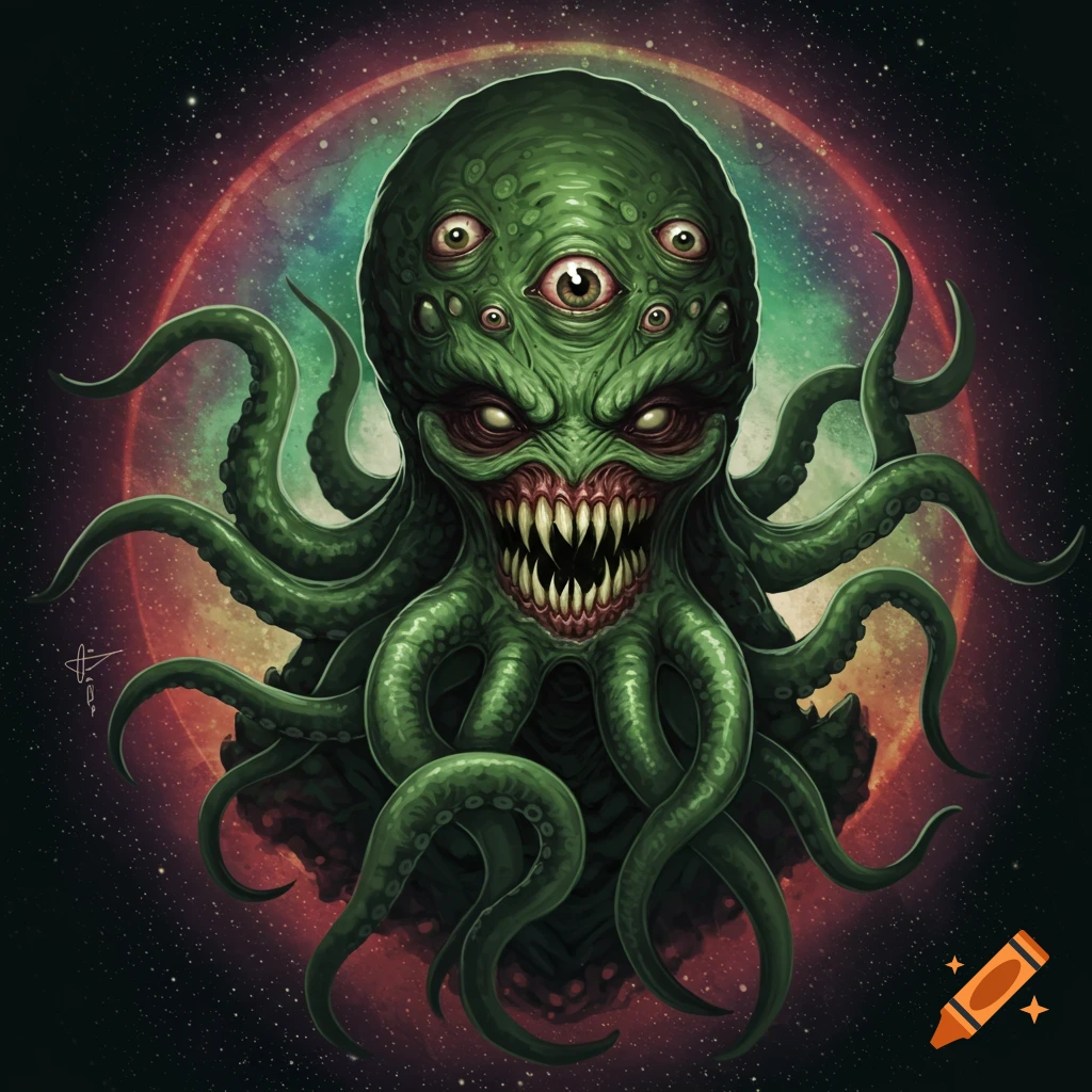 Green eldritch horror monster with multiple eyes and tentacles against a space background