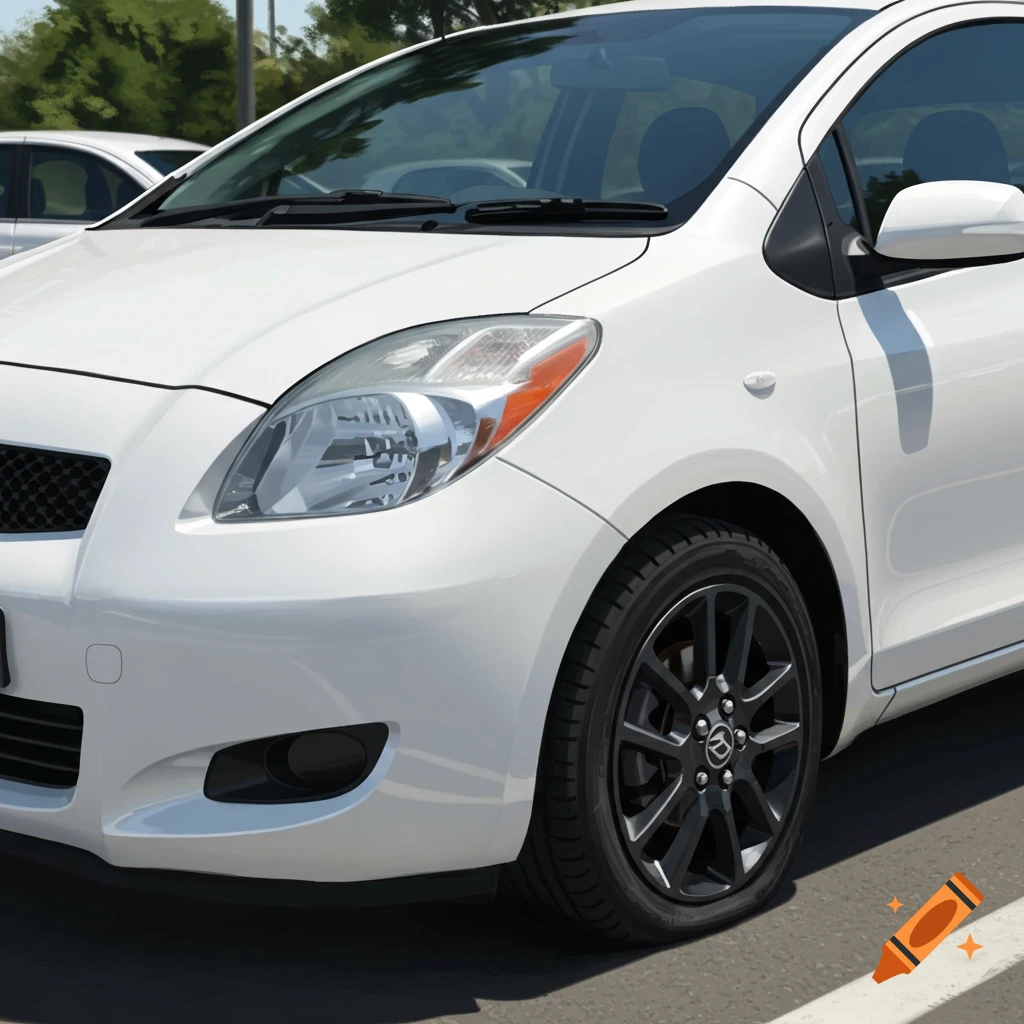 Close-up of a white Toyota Yaris car parked outdoors.
