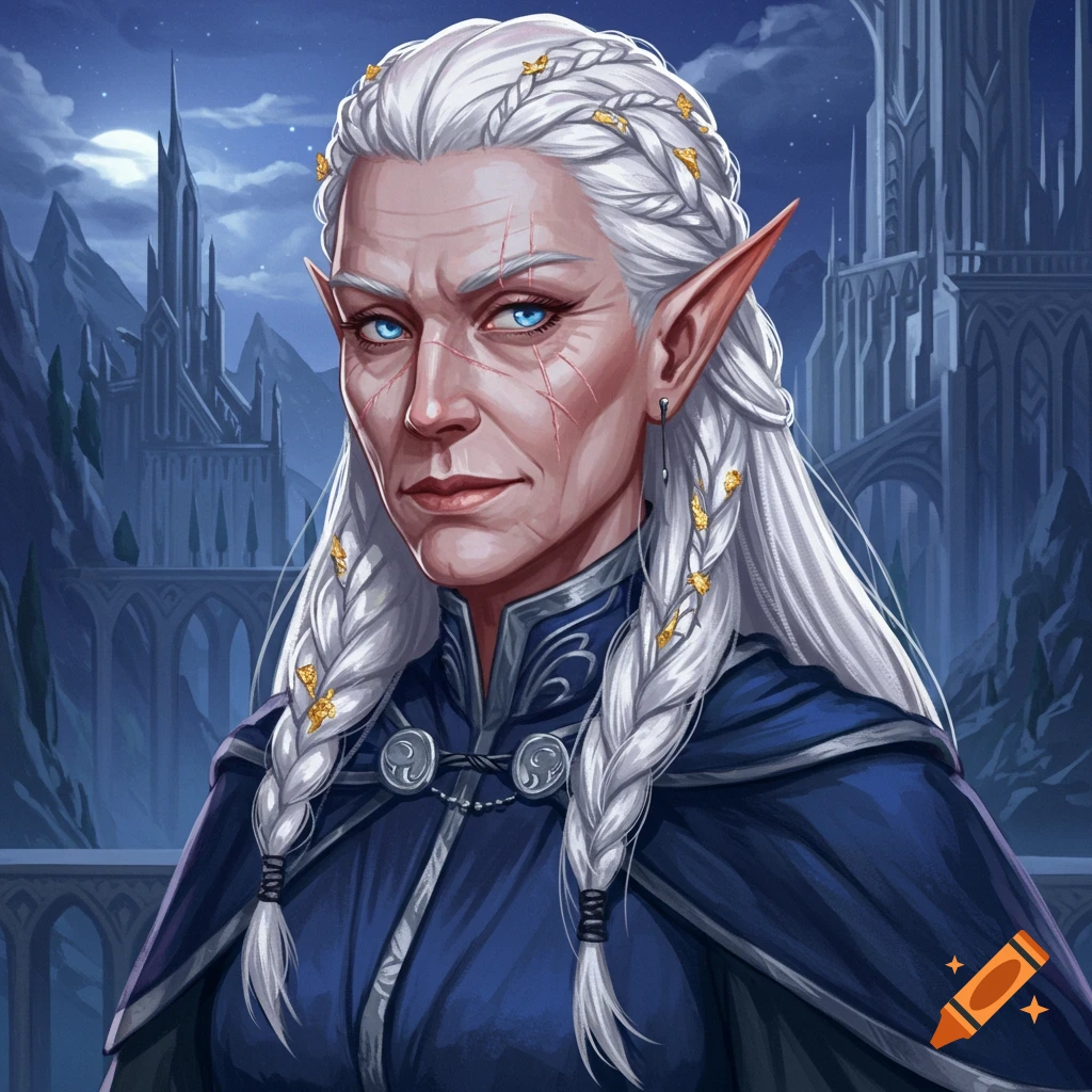 Portrait illustration of an older elf woman with white braids, blue eyes, and facial scars against a castle background.