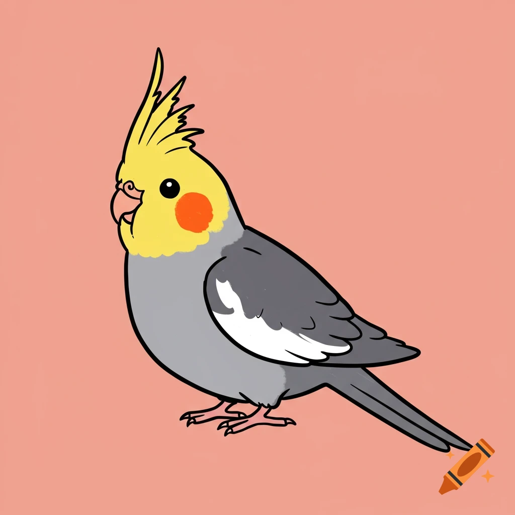 Simple cartoon illustration of a cockatiel bird on a peach background.
