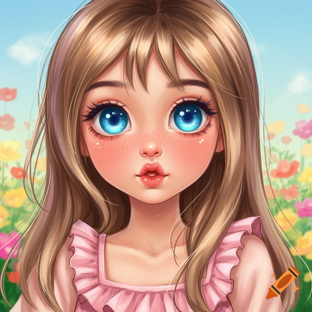 A stylized illustration of a girl with large blue eyes and brown hair in a field of flowers.