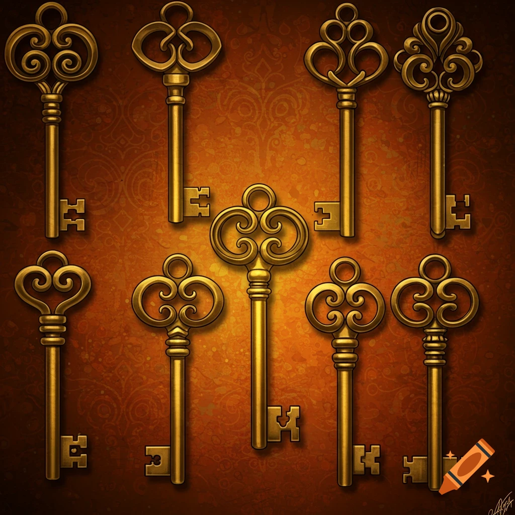 Ornate golden keys on a textured brown background.