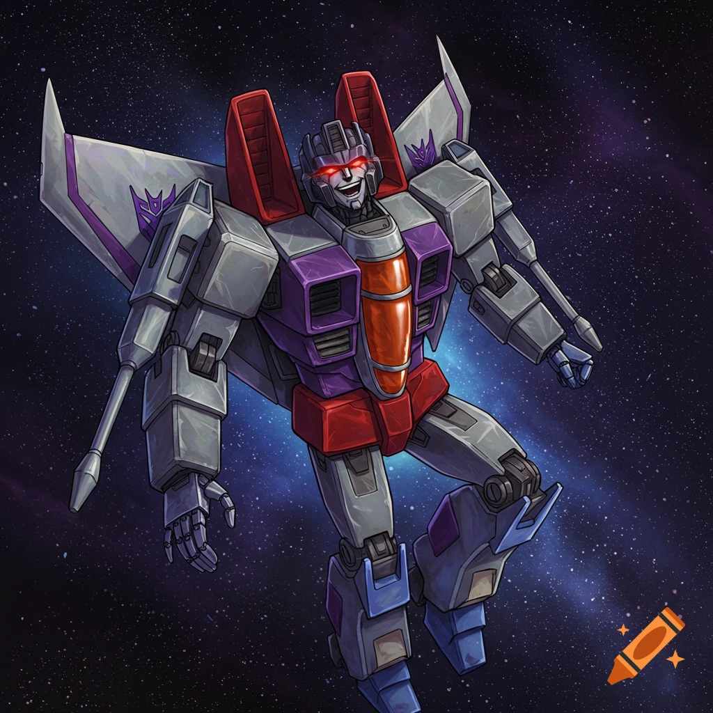 Starscream, a grey, purple, and red robot from Transformers, flies through space.
