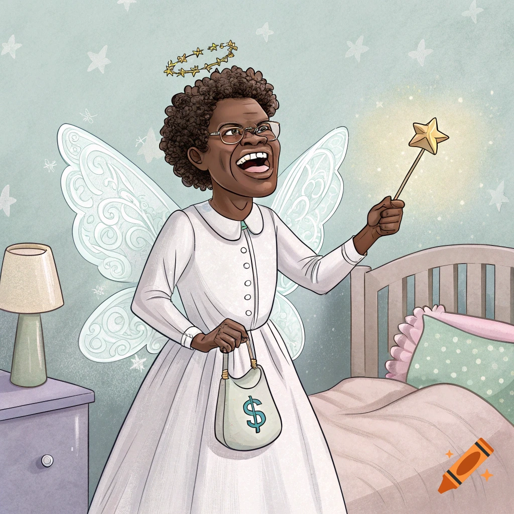 Illustration of a person dressed as a tooth fairy with wings and halo, holding a wand and a bag with a dollar sign, in a bedroom.