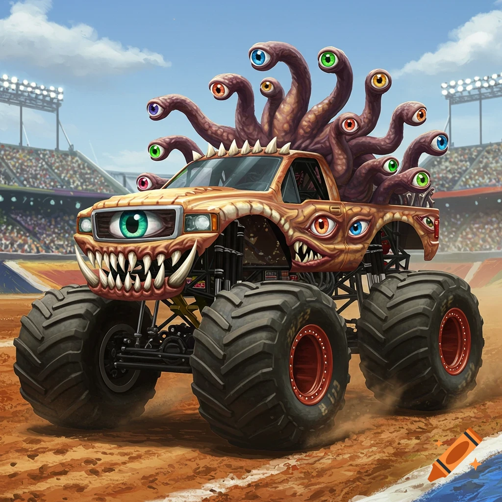 A monster truck decorated like a Beholder with multiple eyes and teeth drives in a stadium monster truck rally.