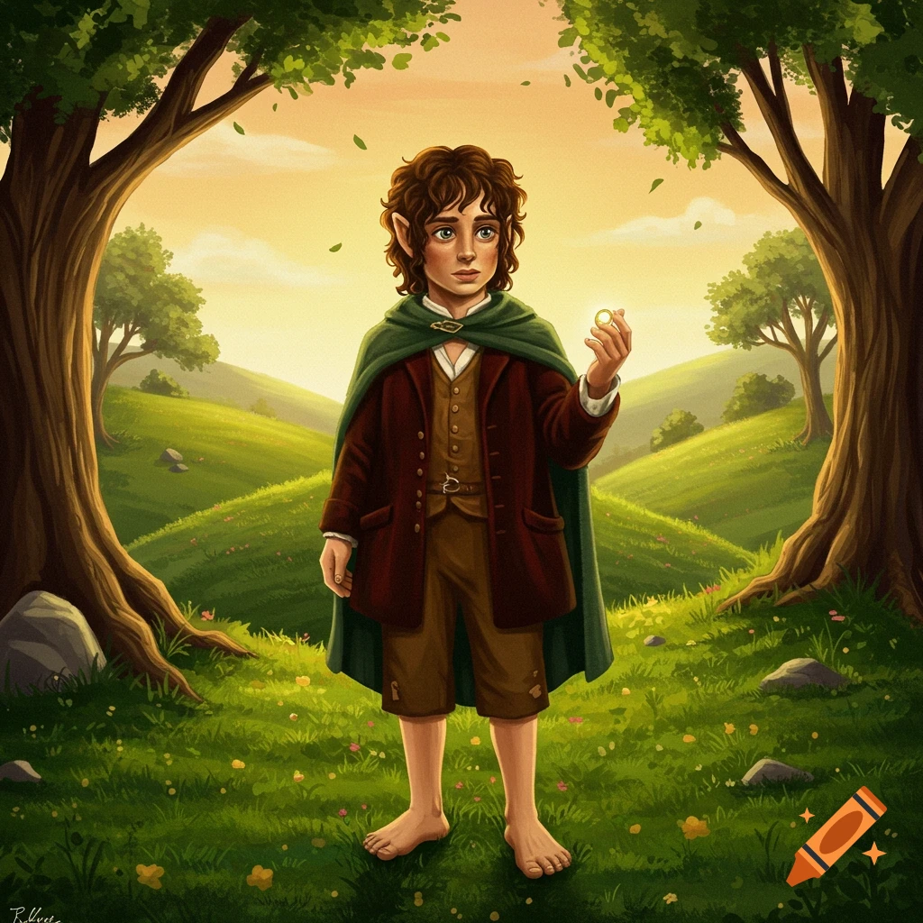 An illustration of a hobbit standing in a field, holding a ring.