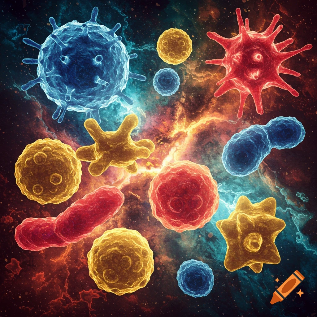 A collection of stylized blue, red, and yellow microscopic organisms or cells floating in an abstract colorful background.