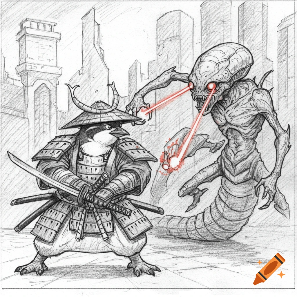 Pencil sketch of a samurai penguin fighting an alien with laser eyes in a city.