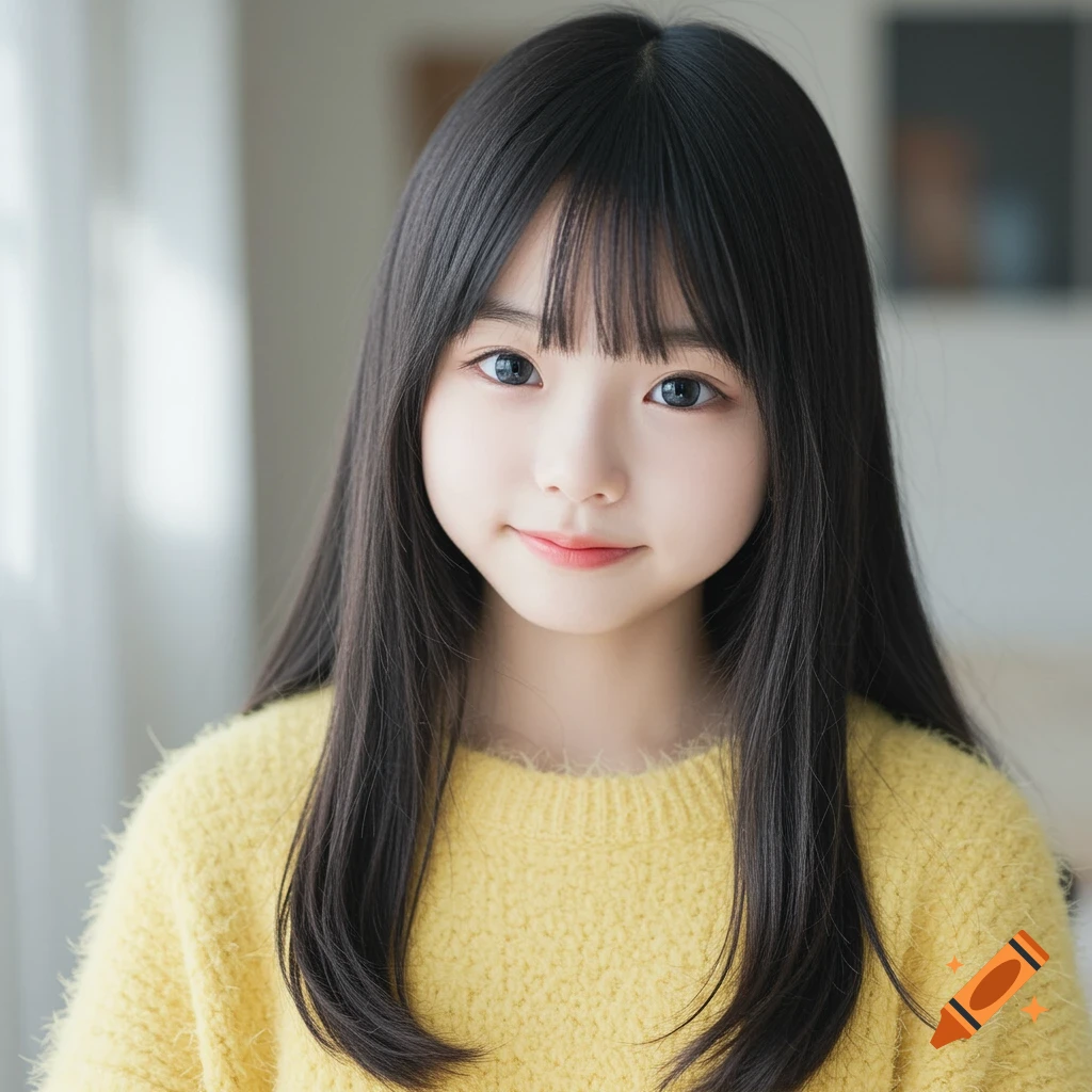Portrait of a young girl with black hair and blue eyes wearing a yellow sweater.