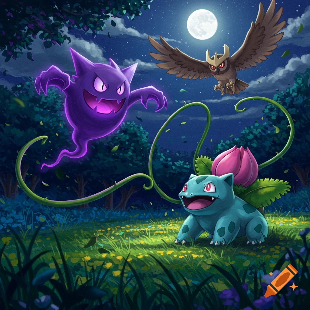 Illustration of Haunter, Ivysaur, and Noctowl in a nighttime forest scene under a full moon