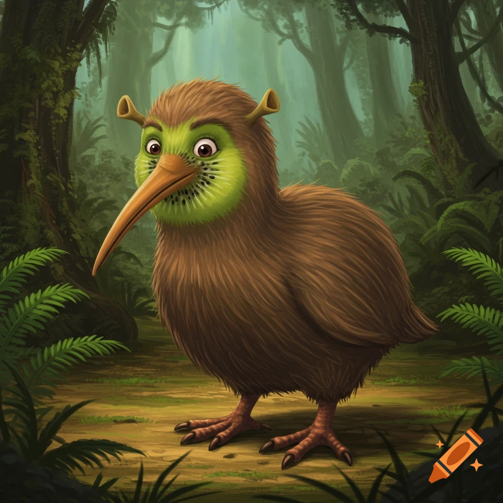 A brown kiwi bird with Shrek-like ears and a green face stands in a lush forest.