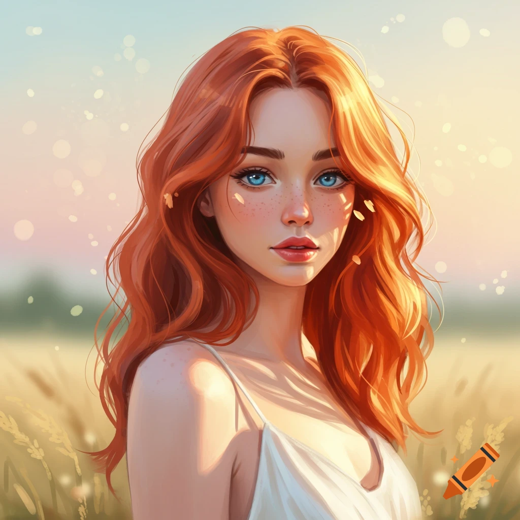 Digital art portrait of a woman with long red hair and blue eyes in a field at sunset.