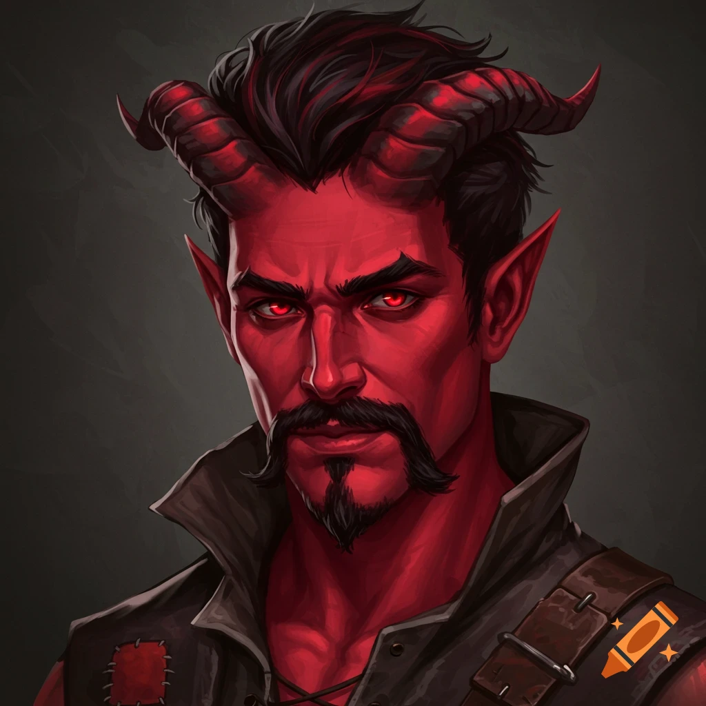 Portrait of a red-skinned fantasy character with horns, mustache, and goatee, wearing worn leather clothes.
