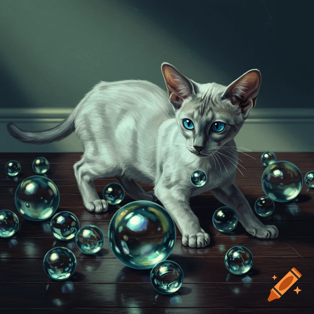 A white and grey cat with blue eyes looks at glass balls on a wooden floor.