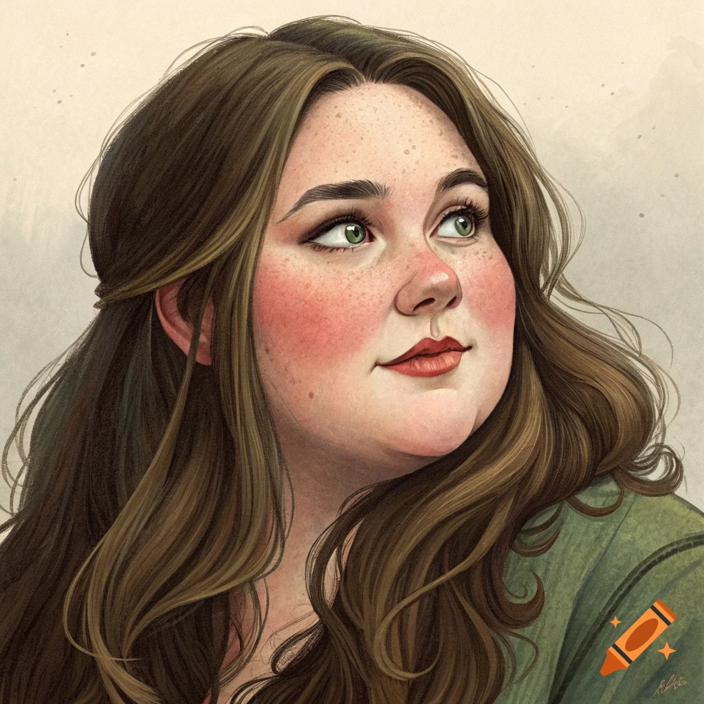 An illustrated portrait of a young woman with long brown hair, green eyes, and freckles looking up.