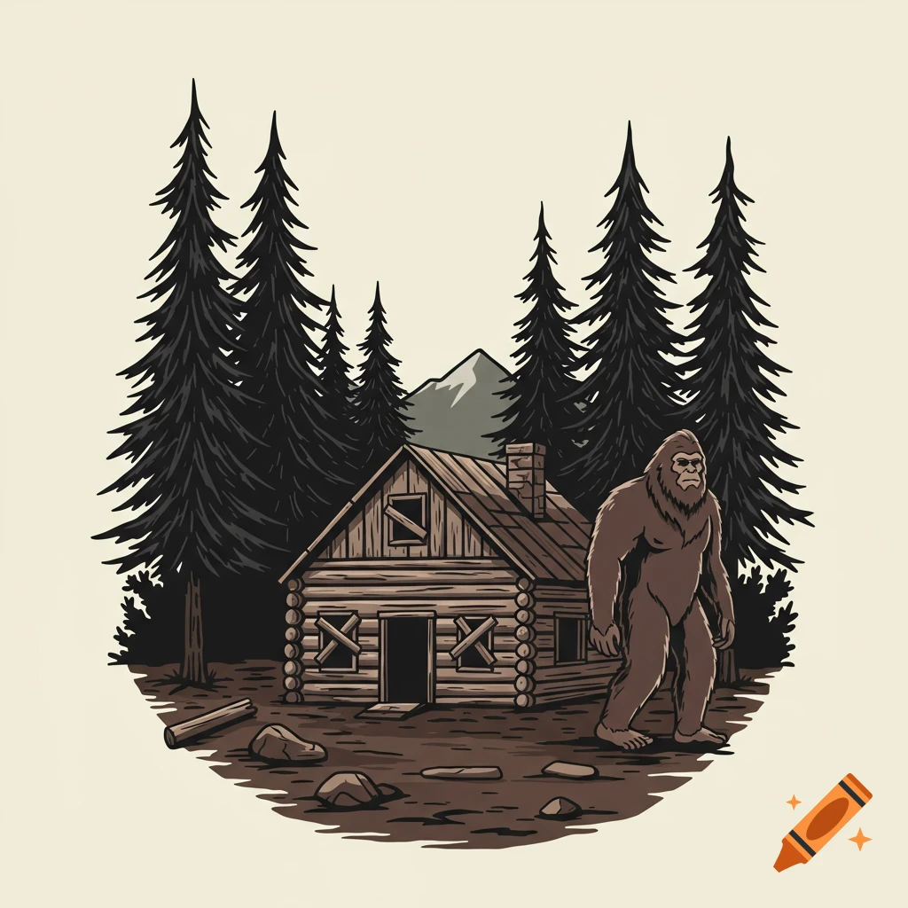 Stylized illustration of Bigfoot standing next to a log cabin in the woods with mountains in the background.