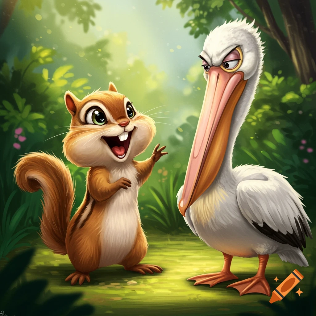 A happy cartoon chipmunk waves at a disgruntled cartoon pelican in a lush forest clearing.