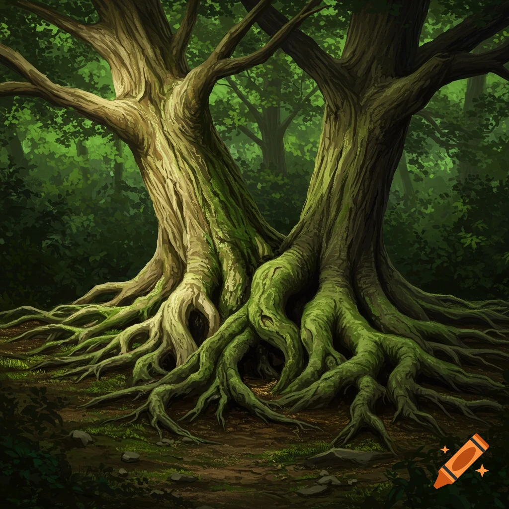 Two large trees with exposed, intertwined roots in a forest illustration.