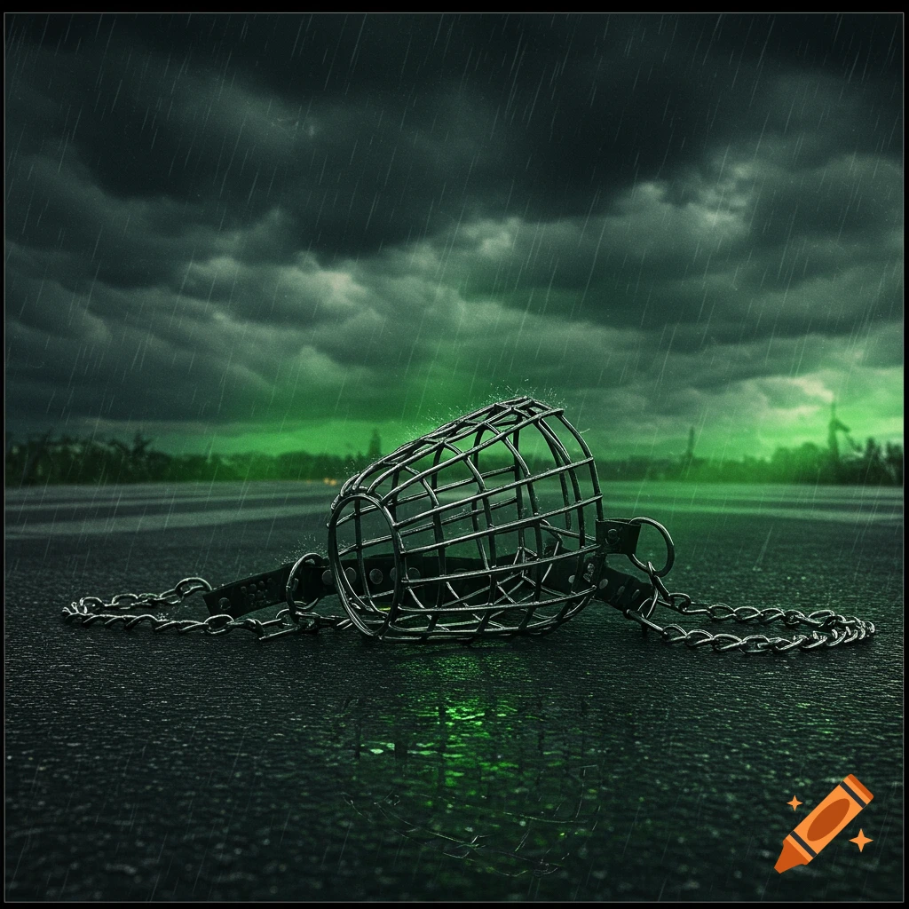 A metal dog muzzle and chain lie on wet asphalt during a dark, rainy day with a greenish sky.
