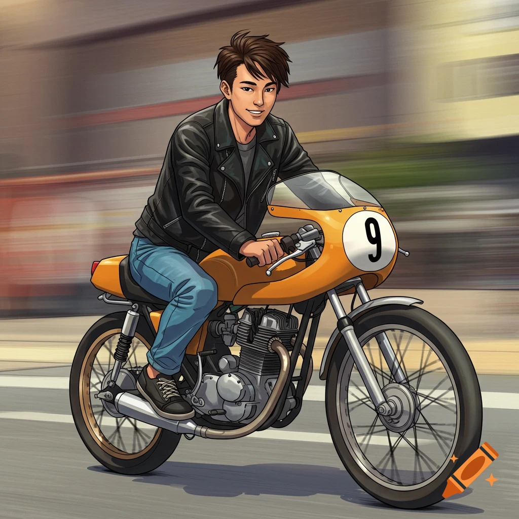 An illustration of a man in a leather jacket riding an orange motorcycle on a street with motion blur.