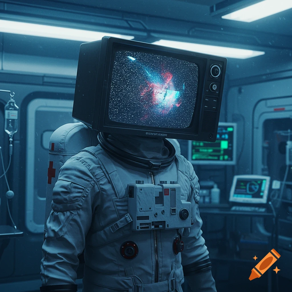 An astronaut in a space suit with a retro TV for a head showing a nebula, stands in a medical bay.
