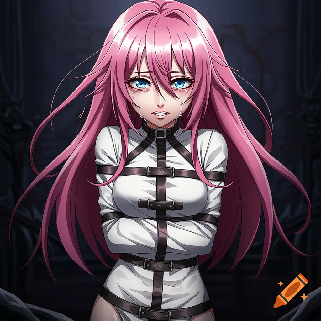 Anime girl in a straitjacket, crying