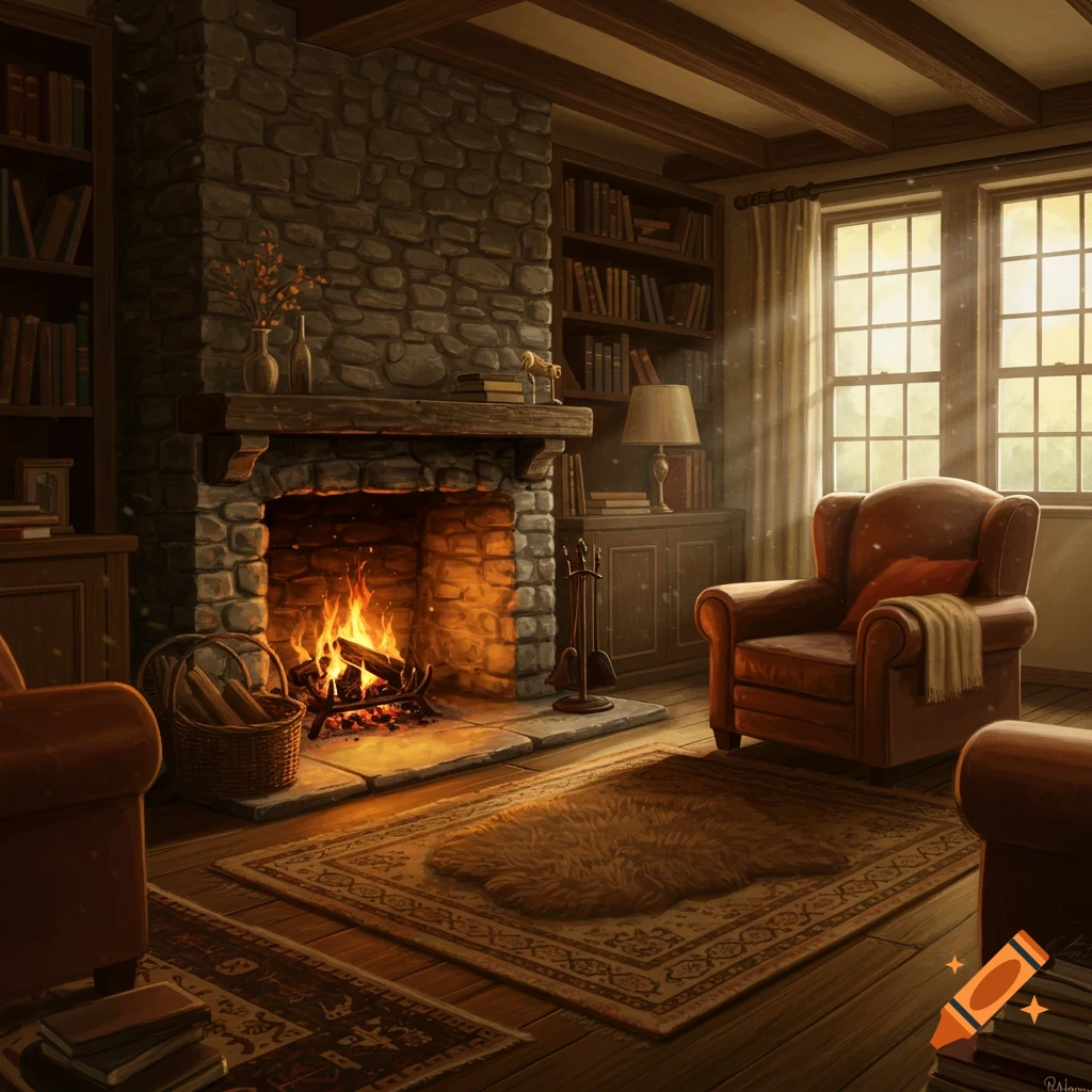 A cozy living room with a stone fireplace, two armchairs, bookshelves, and sunlight streaming through a window.