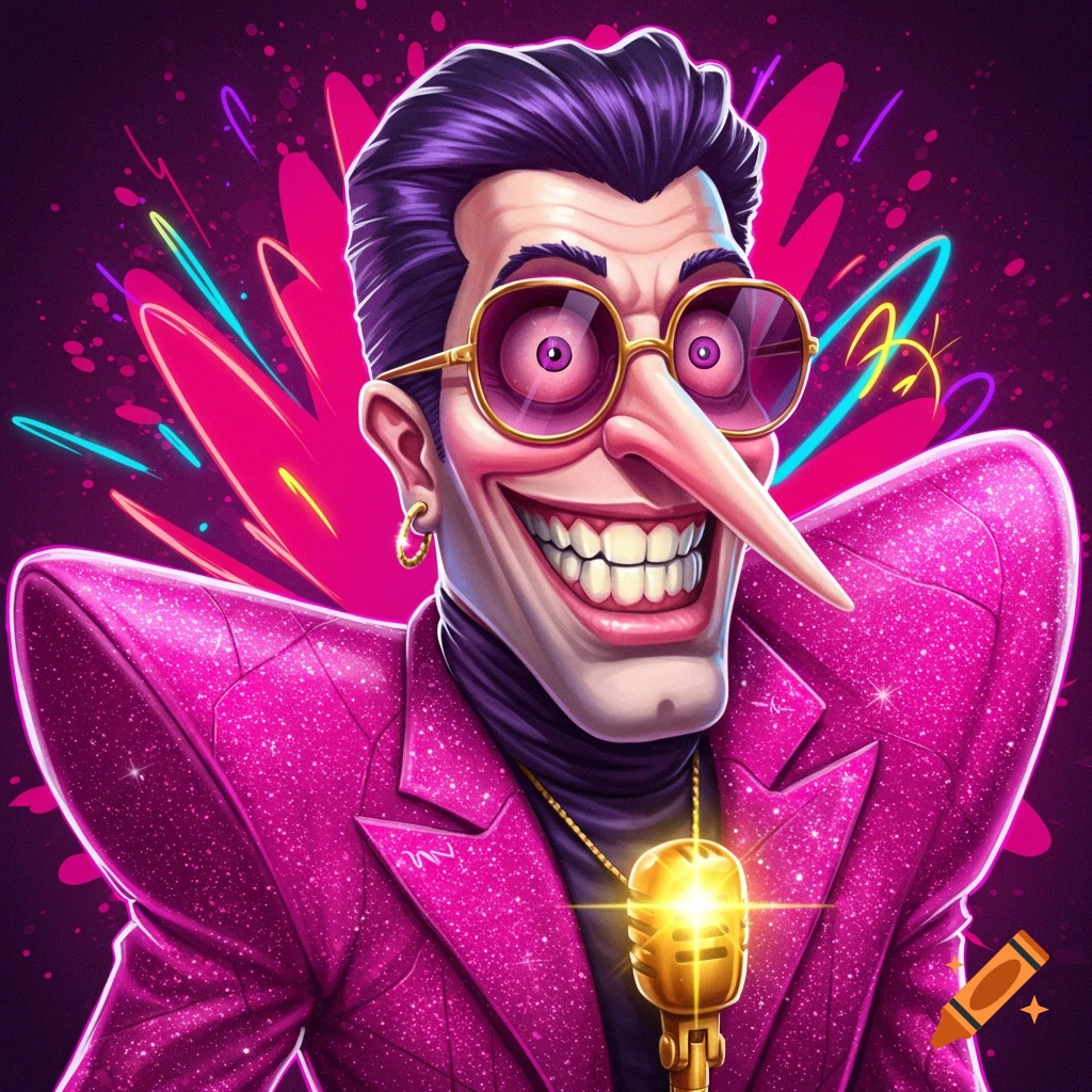 Cartoon character with a long nose, large grin, glasses, and a sparkling pink suit, standing against a vibrant neon background.