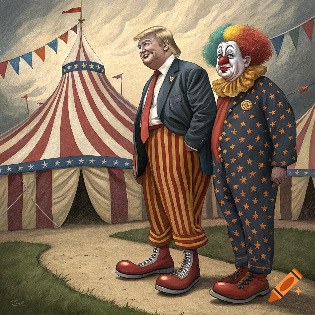 Donald Trump and another figure dressed as clowns stand in front of a circus tent decorated with American flag stars.
