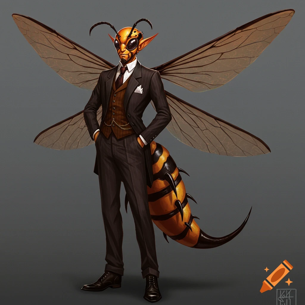 Fantasy illustration of a humanoid wasp creature in a suit, standing confidently.